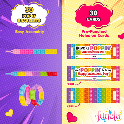 Funeta 30 Pop it Friendship Bracelets - kids Valentine's Day Cards for Kids' School Classroom