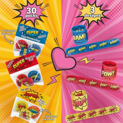 30 Superhero Valentines Slap Bracelets for Kids - Valentine's Day Cards for Kids' School Classroom