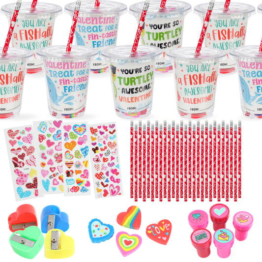 30-Pack Valentine's Day Gifts for Kids - Stationary and Cup Set with Valentines Day Cards for Kids School Classroom