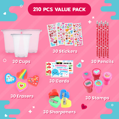 30-Pack Valentine's Day Gifts for Kids - Stationary and Cup Set with Valentines Day Cards for Kids School Classroom