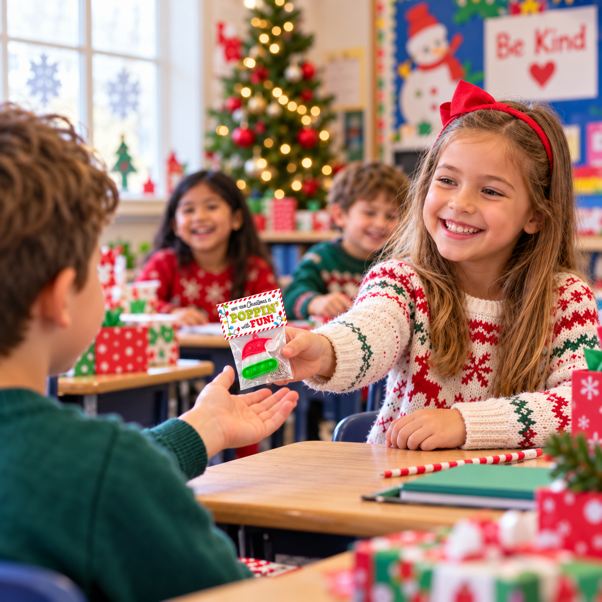 Kids exchanging Funeta Christmas Pop-It classroom gifts