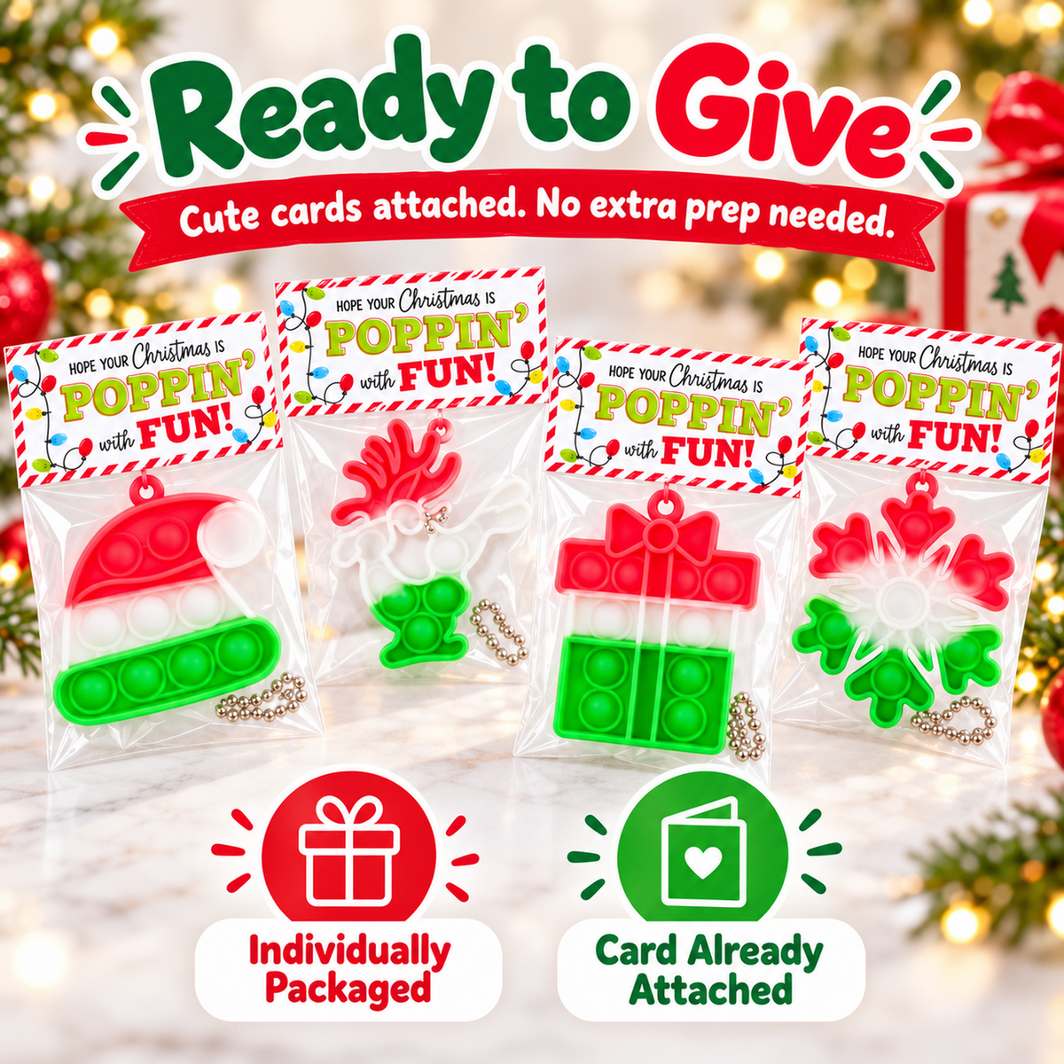 Funeta Christmas Pop-It favors individually packaged with cards attached