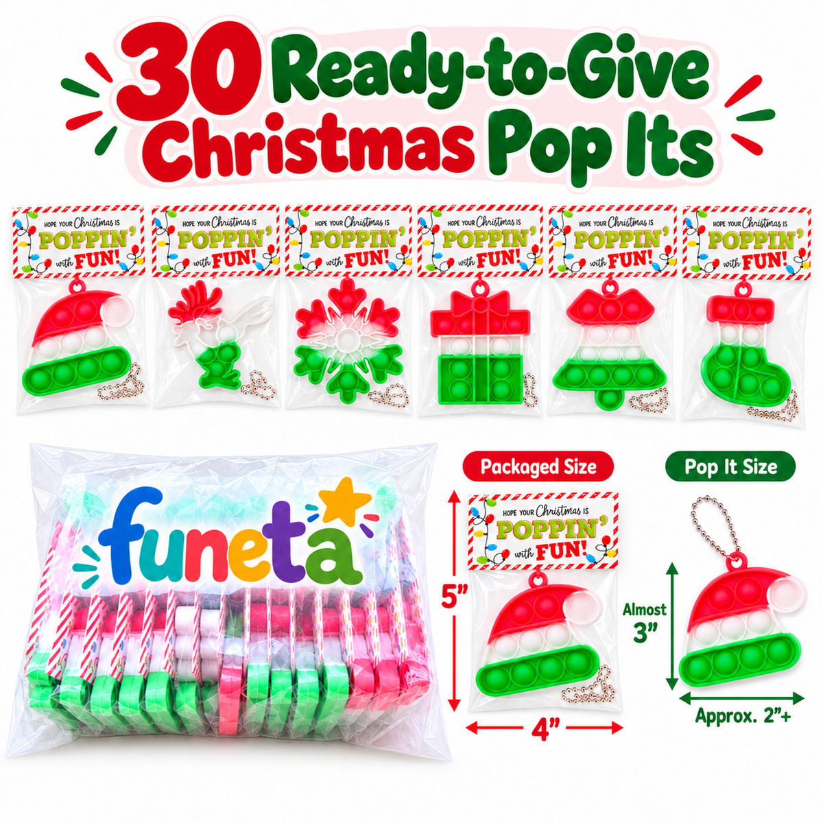 Funeta Christmas Pop-It 30-pack package size and six holiday designs
