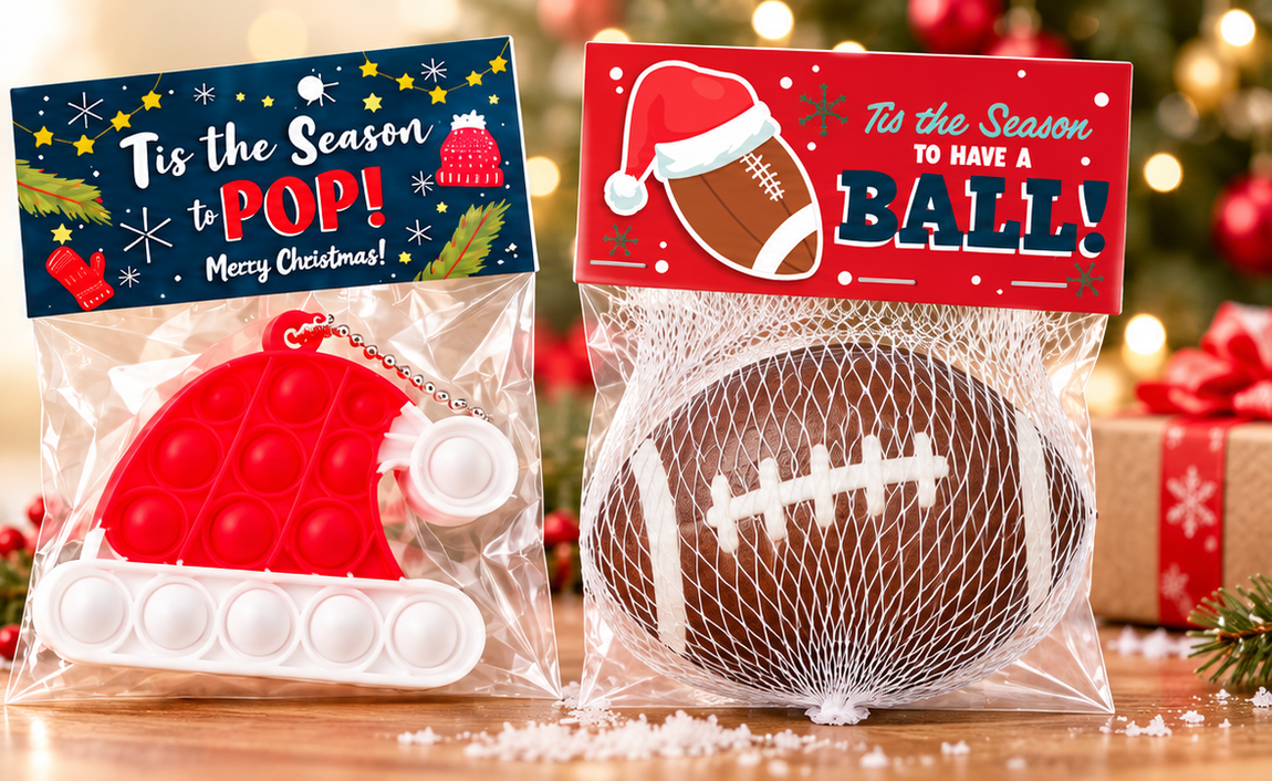Christmas Santa hat Pop-It and football stress ball classroom favors in gift bags