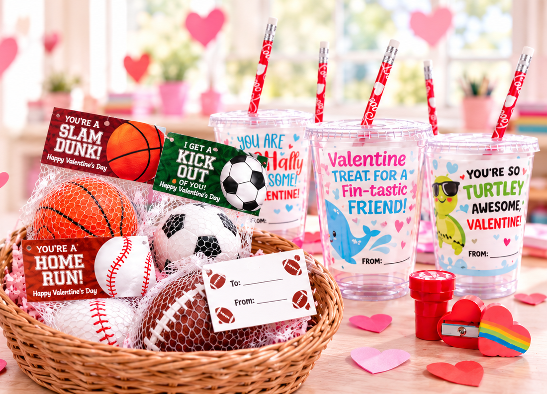Valentine stationery cup sets and sports stress ball Valentines for kids